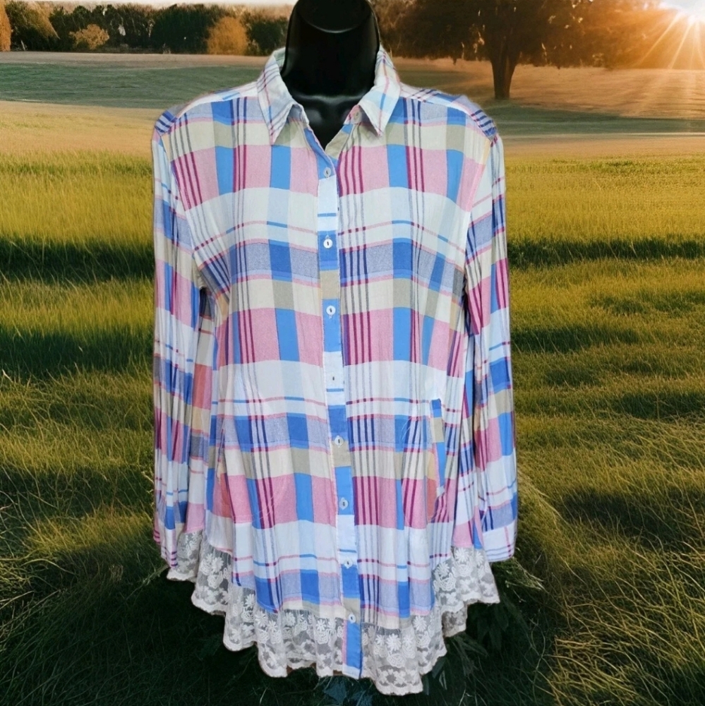 Umgee Multicolor Pastel Plaid L/S Roll Tab Cuff  Ladies Small Woven Blouse EUC